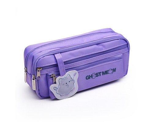 Пенал "Ghost Meow" 220x95x70 мм, плотный износостойкий полиэстер с водоотталкивающей пропиткой, 2 отделения на молнии, овальный для 60 предметов, 2 внешних кармана на молнии, декоративный элемент на липучке из искусственной кожи, сиреневый