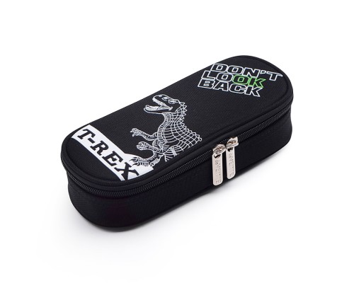 Пенал "T-Rex"  210x80x50 мм овальный, плотный износостойкий полиэстер с водоотталкивающей пропиткой, овальной формы на молнии для 50 предметов, с внутренним органайзером-створкой, с 2-мя бегунками, черный