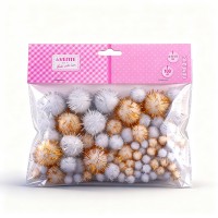 Набор помпонов для творчества "DIY Glitter Pompoms" 100 шт, блестящие, полиэстеровые (золотые и серебряные: 3 см &ndash; 10 шт, 2 см &ndash; 20 шт, 1 см &ndash; 70 шт), в пластиковом пакете с блистерным подвесом