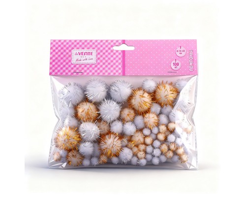 Набор помпонов для творчества "DIY Glitter Pompoms" 100 шт, блестящие, полиэстеровые (золотые и серебряные: 3 см &ndash; 10 шт, 2 см &ndash; 20 шт, 1 см &ndash; 70 шт), в пластиковом пакете с блистерным подвесом