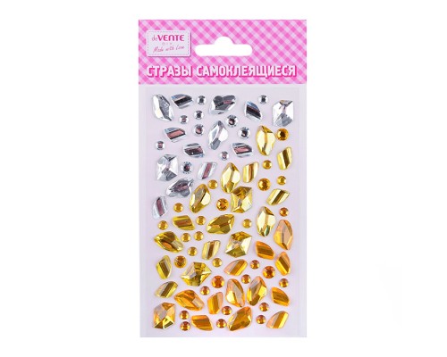 Стразы акриловые самоклеящиеся "DIY Gradient Gemstones Gold &Silver" 40 шт, серебристо-золотистые, форма камня, в пластиковом пакете с блистерным подвесом