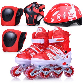 Ролики детские, размер M, красные (со шлемом и защитным снаряжением)