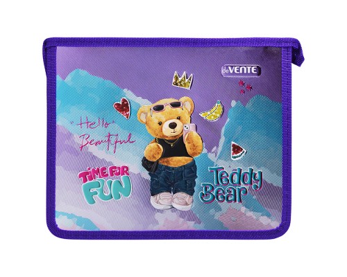 Папка для тетрадей "Teddy Bear" A5 (24x19,8x4,5 см) с текстильным расширением 4,5 см, на молнии сверху, картон с покрытием из фольги с конгревным тиснением