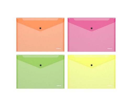 Папка-конверт на кнопке пластиковая Fizzy Neon, полупрозрачная, A4, ассорти