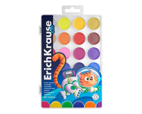 Краски акварельные "Kids Space Animals" медовые с УФ защитой яркости 24 цвета (в пластиковой коробке с европодвесом)