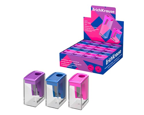 Точилка пластиковая ErichKrause City Mini, Vivid, с контейнером, ассорти
