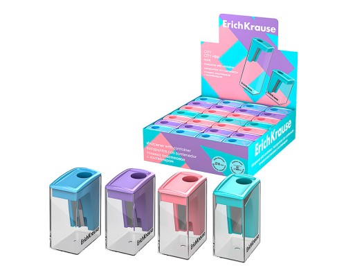 Точилка пластиковая ErichKrause City Mini, Pastel, с контейнером, ассорти