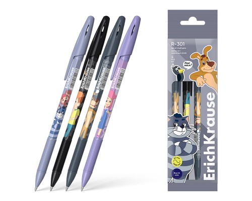 Набор из 4 ручек шариковых Stick&Grip Простоквашино 0.7, цвет чернил синий