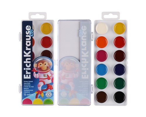 Краски акварельные "Kids Space Animals" медовые с УФ защитой яркости 12 цветов (в пластиковой коробке с европодвесом)