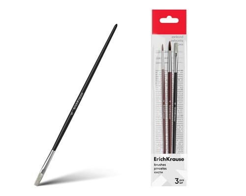 Кисти для акварели и гуаши, пони и щетина, 3 штуки, (в полибеге с европодвесом)