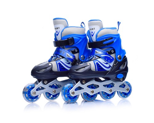 Ролики детские (размер M) черно-синие с белым, PU колёса со светом. в сумке