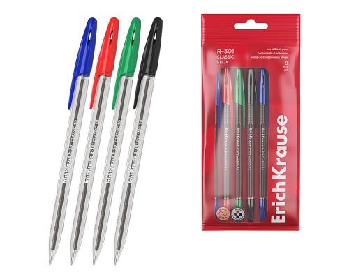 Набор из 8 ручек шариковых R-301 Stick Classic 1.0, цвет чернил: синий - 2, черный - 2
