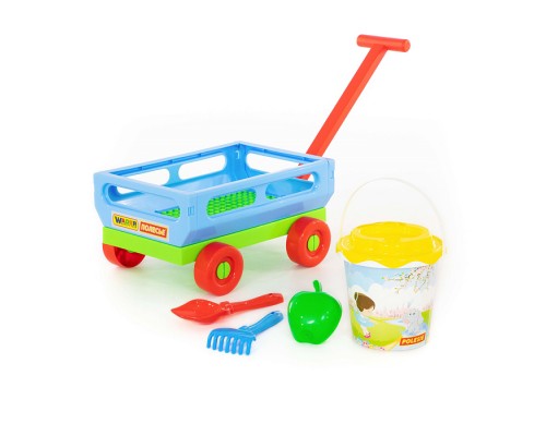 Набор №420: Тележка с ручкой №2 + Ведро с наклейкой, ситечко "Солнышко", лопатка №5, грабельки №5, формочка "Фрукты"