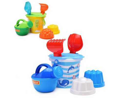 Набор №228: ведро малое с наклейкой, ситечко-цветок, совок №2, грабельки №2, 2 формочки, лейка малая