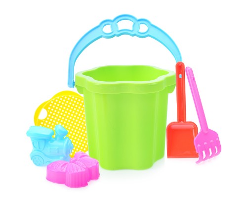 Песочный набор № 105 (ведро-цветок 0,7 л, сито, грабли 20см, совок 21 см, 2 формочки)