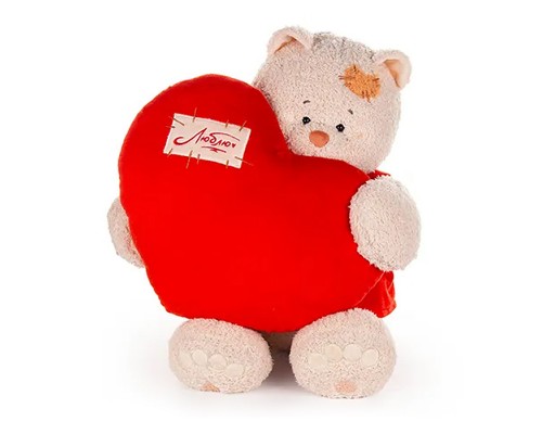 Кошка Мэри в алом платье, с сердцем подушкой алой, 37см