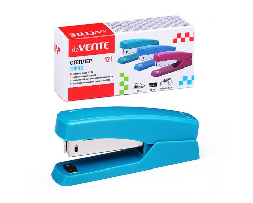 Степлер "Trend" № 10 (мощность 12 листов, глубина скрепления 45 мм) пластиковый, в картонной коробке, изумрудно-бирюзовый