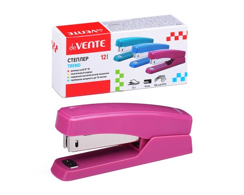 Степлер "Trend" № 10 (мощность 12 листов, глубина скрепления 45 мм) пластиковый, в картонной коробке, брусничный