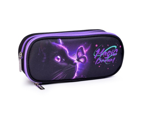 Пенал "Magic Dream" 22x9,5x7 см овальный, плотный износостойкий полиэстер с водоотталкивающей пропиткой, овальный формы с 2-мя отделениями на молнии для 60 предметов (одно с внутренним органайзером), черный