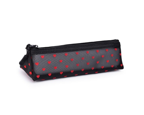 Пенал "My Secret Mesh" 21x6x6 см, матовая сетка из ПВХ с бархатным рисунком, отделение на молнии, треугольный для 40 предметов, черный с сердечками