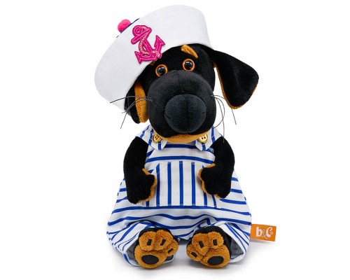 Собака Ваксон BABY в полосатом комбинезоне и панаме с якорем