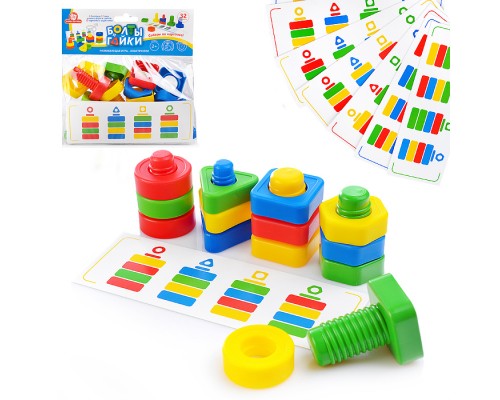 Конструктор "Болты и Гайки" тип 4 (8 болтов и 12 гаек, 12  карточек с заданиями), в пакете