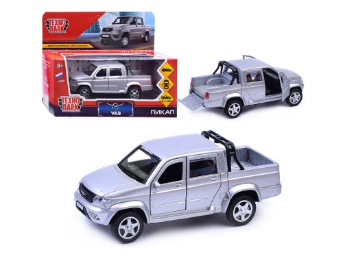 Машина металл. "УАЗ пикап" 12 см, двери, багаж, инерц, серебристый