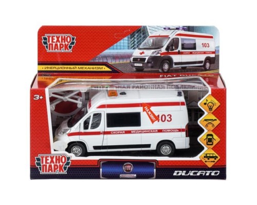 Машина металл свет-звук Fiat Ducato Скорая 14 см, двер, инерц, тележ, белая
