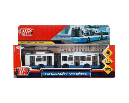 Машина металл Городской троллейбус 19 см, двери, инерц, бело-синий