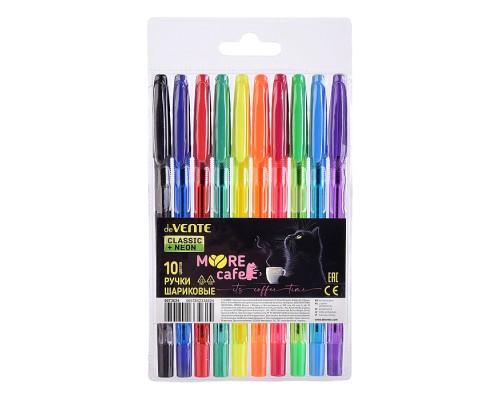 Набор ручек шариковых "MooreCafe" 10 цветов, d=0,7 мм, с полупрозрачным корпусом и металлическим наконечником, сменный стержень, в пластиковом блистере