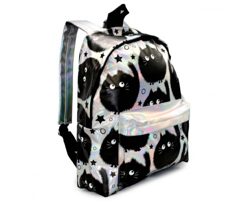 Рюкзак мягкий "Коты-пушистики" на кожзаме,1 отделение на молнии с подкладкой, большой передний карман, внутренний карман, усиленно дно "тилит", усиленные лямки. Материал - серебристый кожзам с полноцветной печатью, размер 39х30х14см.