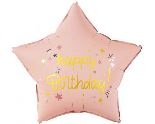 Шар (18''/46 см) Звезда, Happy Birthday (праздничные искры), Розовый, Сатин, 1 шт. в уп.