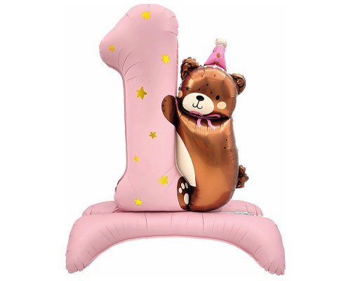 Шар (35''/89 см) Цифра, 1 Годик, Мишка в колпачке, Розовый, Сатин, 1 шт. в уп.