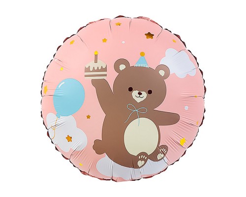 Шар (18''/46 см) Круг, Мишка с кексиком, Розовый, 1 шт. в уп.