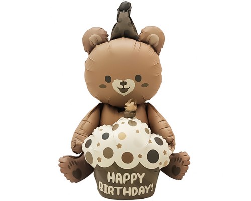 Шар (23''/58 см) Фигура 3D, Мишка с капкейком, Бежевый, Сатин, 1 шт. в уп.