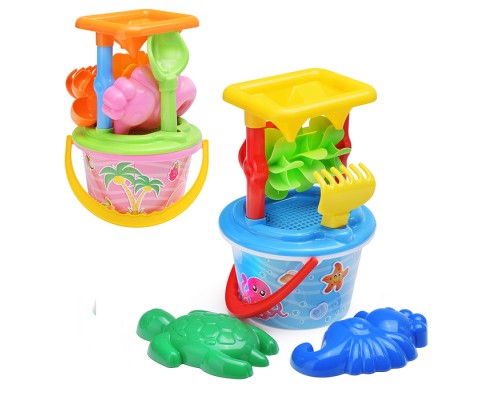 Набор №348: песочная мельница №2 с основанием ситечко среднее №2, ведро среднее с наклейкой, совок №2, грабельки №2, формочки (черепаха + морской конёк)