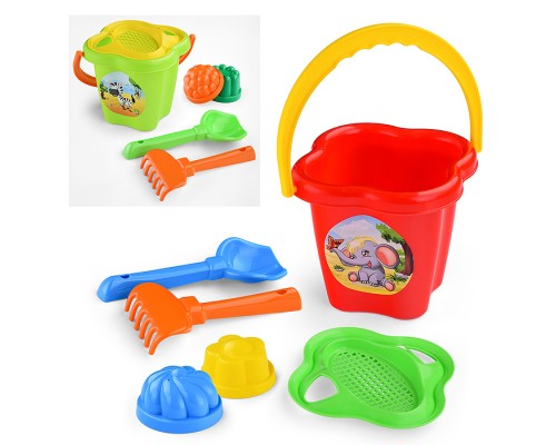 Набор №36: ведро-цветок среднее, ситечко-цветок, совок №2, грабельки №2, 2 формочки