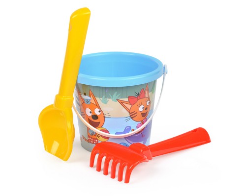 Песочный набор "Три кота" №7: Ведро малое с наклейкой, совок №2, грабельки №2