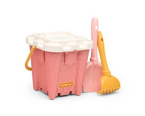 Набор №690: ведро-замок большое №2, ситечко-крепость большое, лопатка №5, грабельки №5 (розовый)