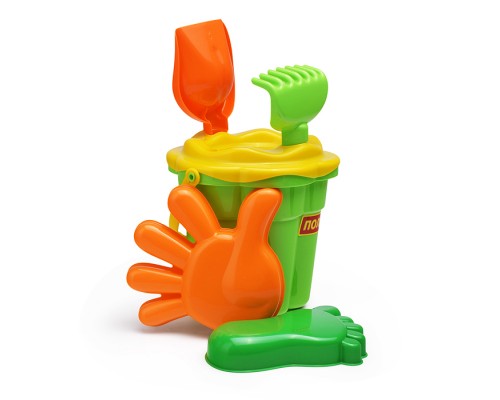 Набор №308: ведро-цветок среднее №3, ситечко-цветок среднее №3, лопатка №5, грабельки №5, формочки (ладошка + ножка)