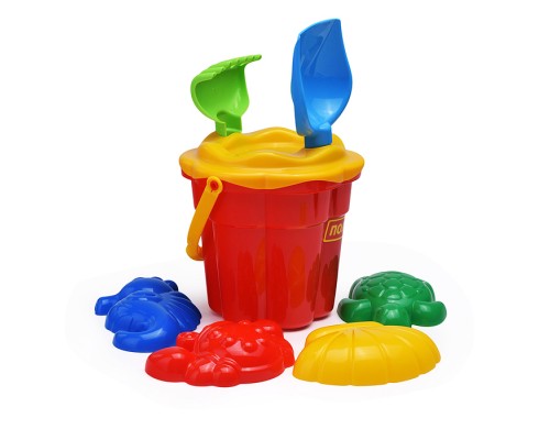 Набор №307: ведро-цветок среднее №3, ситечко-цветок среднее №3, лопатка №5, грабельки №5, формочки (краб №2 + морской конёк + ракушка №2 + черепаха)