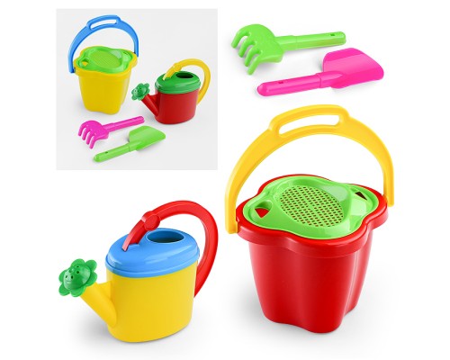 Песочный набор № 125 (ведро 1 л, сито, лейка 0,5 л, лопата 19см, грабли 19см)