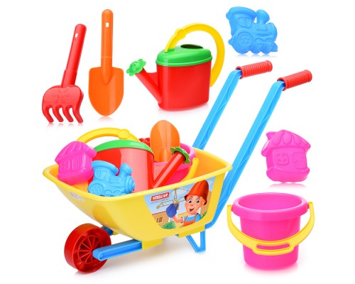 Песочный набор № 113 (тачка детская, ведро 1,4 л, лейка 0,8 л, совок19 см, грабли19см, 2 формочки )