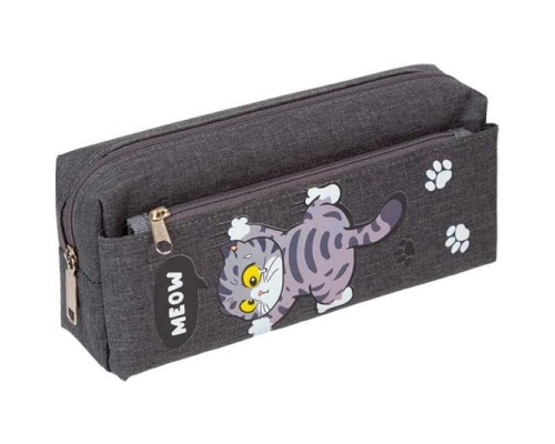 Пенал "Meow Cat" 21x8,5x6 см, плотный износостойкий полиэстер с водоотталкивающей пропиткой, отделение на молнии, прямоугольный для 70 предметов, внешний карман на молнии, темно-серый