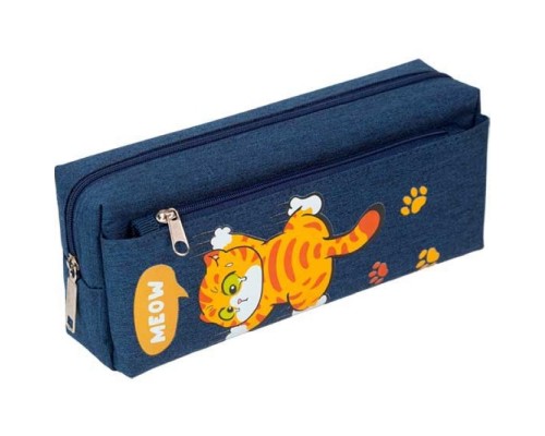 Пенал "Meow Cat" 21x8,5x6 см, плотный износостойкий полиэстер с водоотталкивающей пропиткой, отделение на молнии, прямоугольный для 70 предметов, внешний карман на молнии, темно-синий