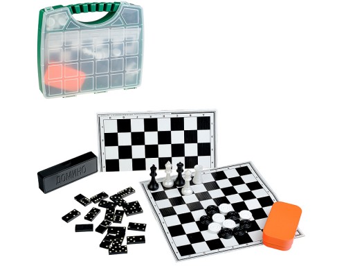 Набор из 3 игр "Походный-малый" в чемоданчике (шахматы обиходные пластик,домино, шашки + 2 доски)