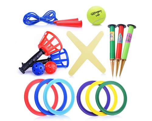 Игровой набор 5 в 1 "Лето в движении" (макси) - кольцеброс для игры на улице (3 стойки, 6 колец), скакалка 2,8м., мяч (d-64мм), бумеранг Моно четырехлопастной, поймай мяч (2 игрока)