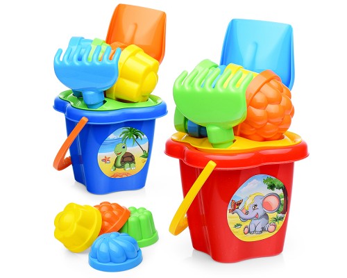 Набор №142: ведро-цветок среднее, ситечко-цветок, лопатка №5, грабельки №5, 4 формочки