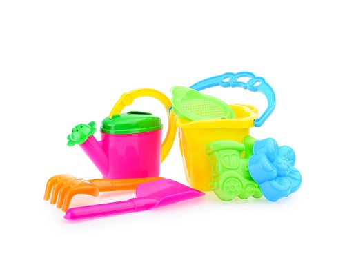 Песочный набор №114 (ведро 0,6л кувшин, лейка 0,3 л, сито, 2 формочки, лопатка 19см, грабли 19 см )