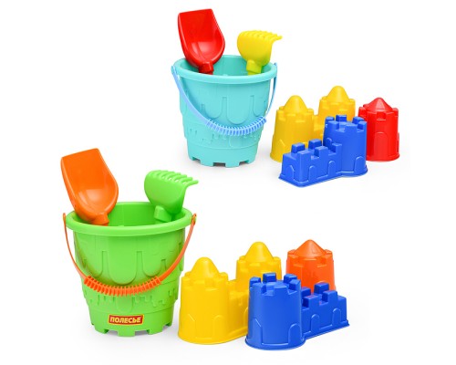 Набор №524: Ведро-замок большое, лопатка №5, грабельки №5, формочки (замок башня + замок стена с двумя башнями + замок мост)